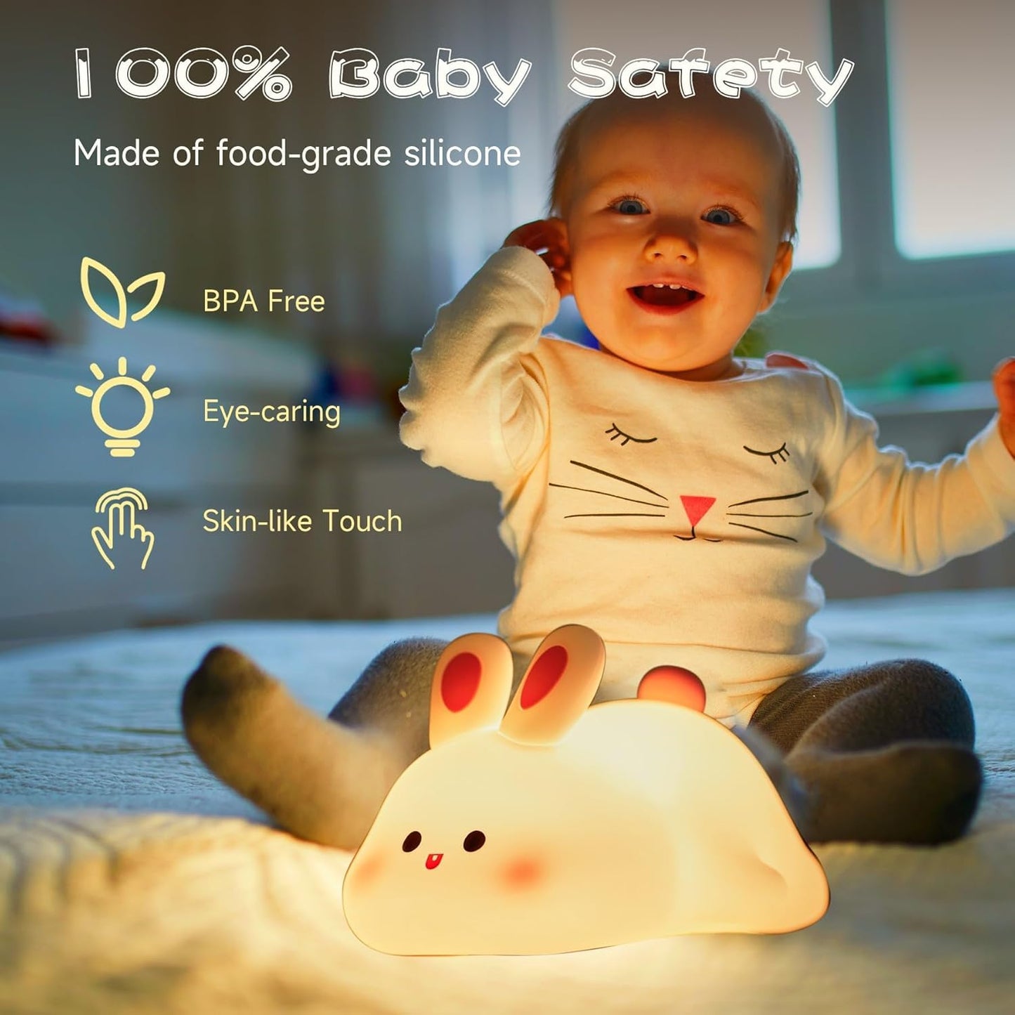 🐰 Cute Bunny LED Night Lamp – Soft Silicone, Rechargeable & Kids-Friendly